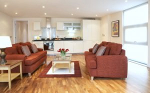 canary Wharf serviced apartment living room and kitchen